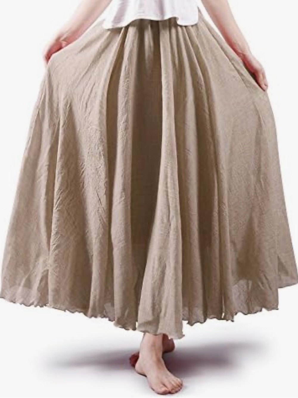 OCHENTA 100% Cotton Linen Look Crinkle Maxi Skirt Boho Flowy Beige Neutral M